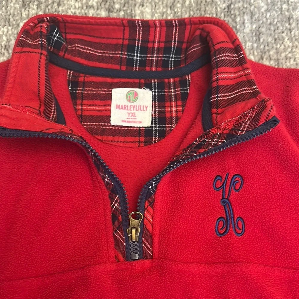 EUC MarleyLilly red fleece quarter zip with monogram K size YXL fits women sm